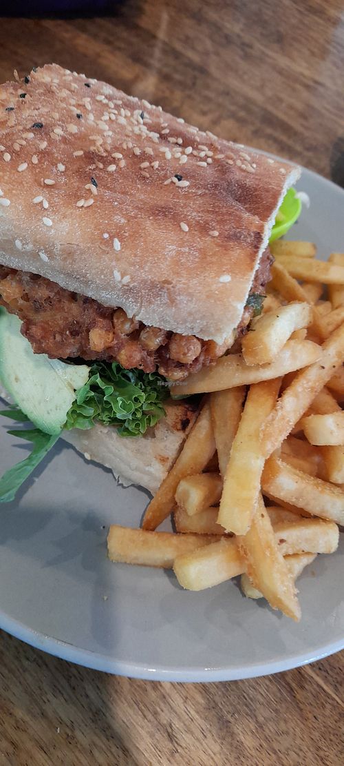 Vegan lentil burger, chips, aioli at Carport in Cannon Hill