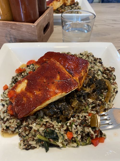 BBQ tofu plate with greens and grains  at Initial Q in Spartanburg