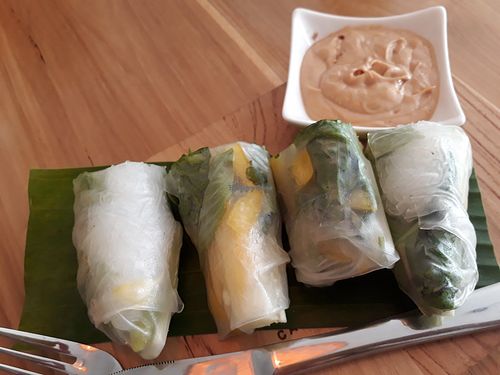 Raw spring rolls with peanut sauce at Warung in Koh Phangan