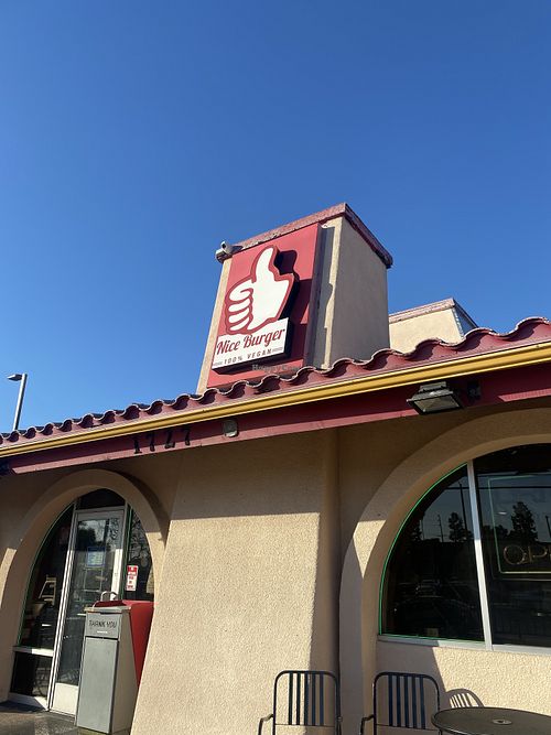 Nice Burger Signage from Outdoor Seating Area  at Nice Burger - Santa Ana in Santa Ana