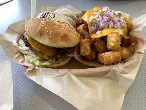 Grilled shroom burger with chili cheese tater tots  at Nice Burger - Santa Ana in Santa Ana