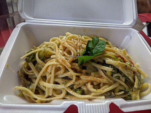 Ptah pasta. Creamy linguine with mushrooms and broccoli at RA Vegan Cafe in Houston