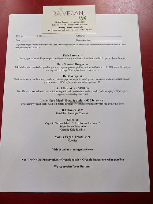 Menu at RA Vegan Cafe in Houston
