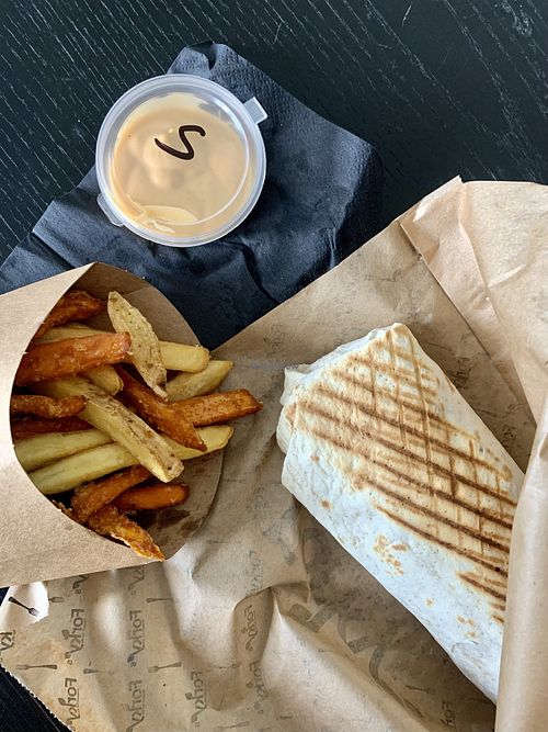 wrap and fries, celebration of the launch of the delivery servise!  at Forky's in Bratislava