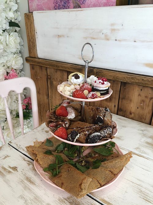 Vegan afternoon tea, 
A selection of vegan savoury galettes & vegan sweet crepes 
Served with strawberries & vegan cream, vegan ice cream, vegan choc sauce & vegan marshmallows  at Creperie Club in Windsor
