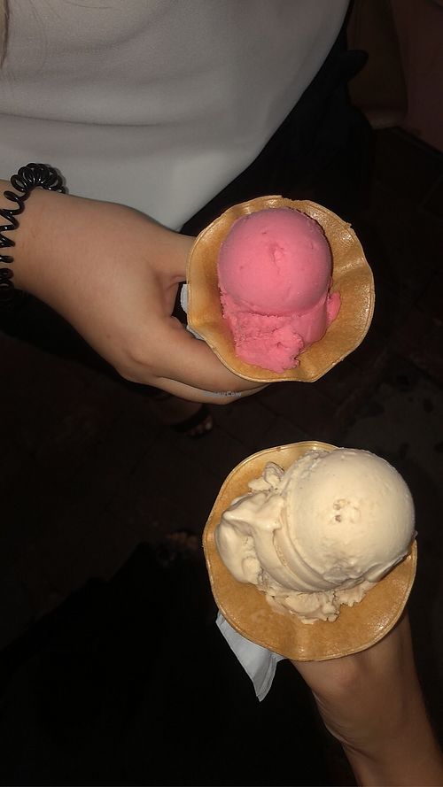 vegan ice cream and cones (flavors: raspberry and hazelnut) at Gelateria Italos in Alexandroupolis
