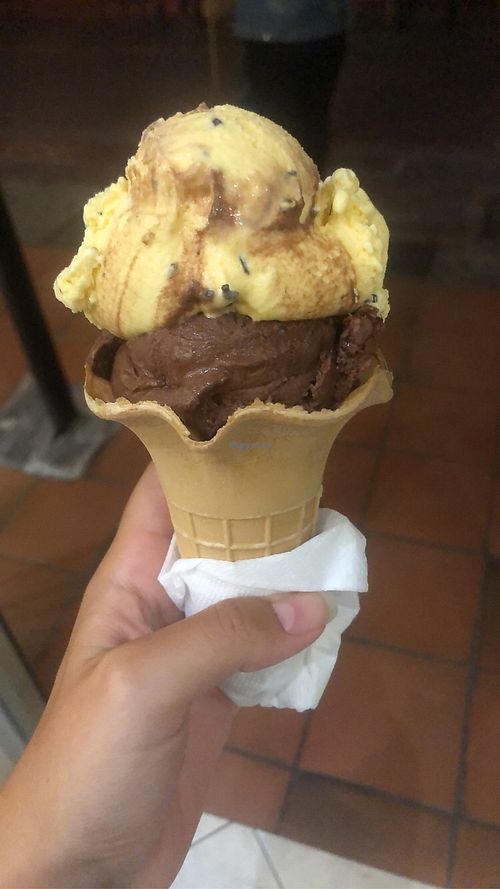 vegan ice cream and cone (flavors: cookie and brownie) at Gelateria Italos in Alexandroupolis