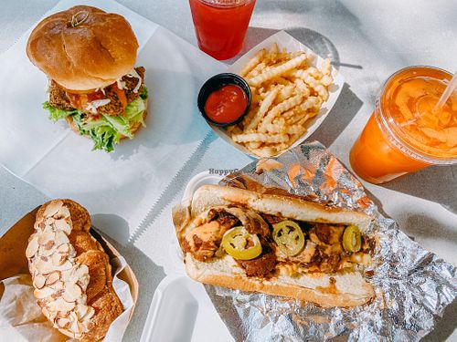 Vegan Chikn Sando, Vegan Philly Steak, Almond croissant (my fave), garlic fries, and some fresh squeezed juices at No Moo Foods in Sacramento