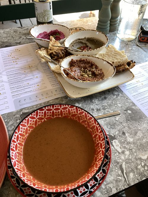 Gazpacho soup and trio of middle eastern dips  at Ousia Soulful Kitchen in Limassol