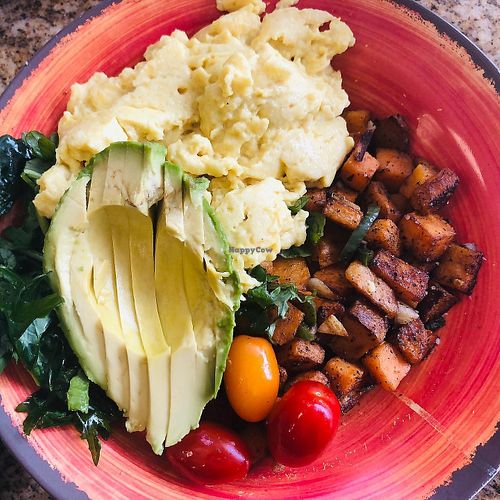 Breakfast Bowl with roasted sweet potatoes, baby spinach, fresh Avocado slices, blistered grape tomatoes and scrambled JustEgg at Thyme for Lunch in San Antonio