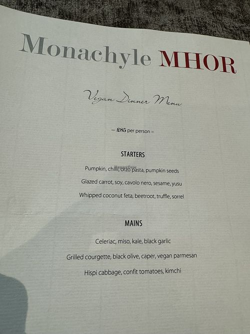 Sample vegan dinner menuu  at Monachyle Mhor Hotel in Balquhidder