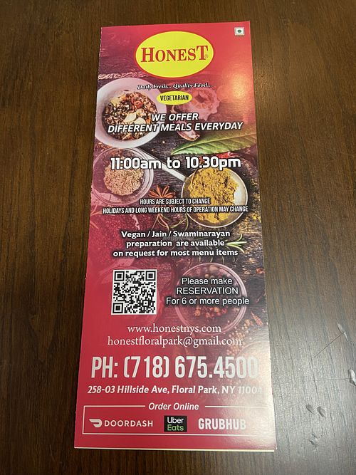 Vegan right on the menu but not labeled in menu  at Honest in Floral Park