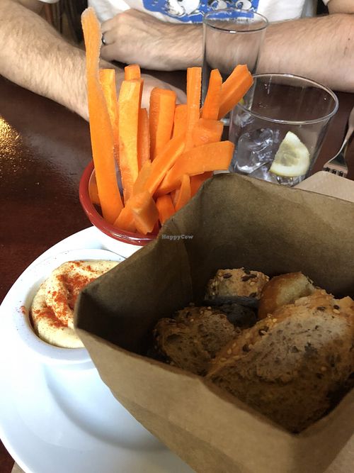 Hummus with bread and carrots at Aguaribay in Barcelona