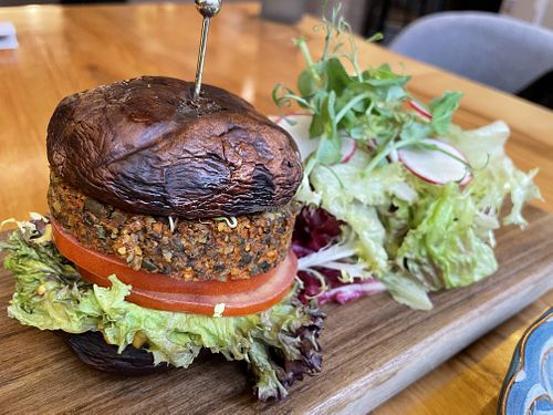 Portobello burger with cashew truffle sauce   at MA and The Seeds of Life in Hong Kong Island