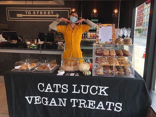 Michelle with her wonderful vegan treats.  at Cats Luck Vegan in Neptune City