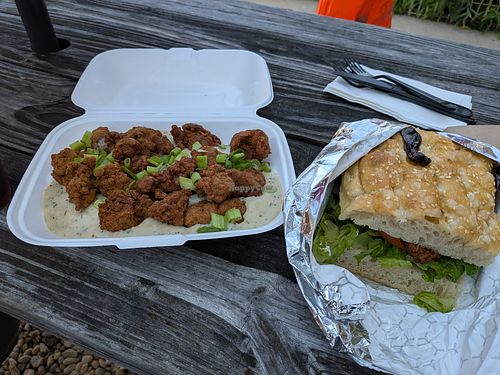 Biscuits and gravy with chik'n and focaccia sandwich with tofu and miso mayo at Cats Luck Vegan in Neptune City