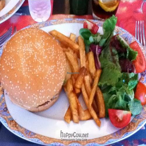 Veggieburger (tofu + seaweed), salad and fries. at La Vaina in Gijon
