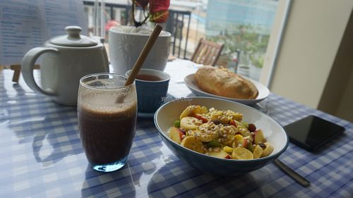 Vegan breakfast options abound.  at Lily's Eco Cafe in Thu Dau Mot