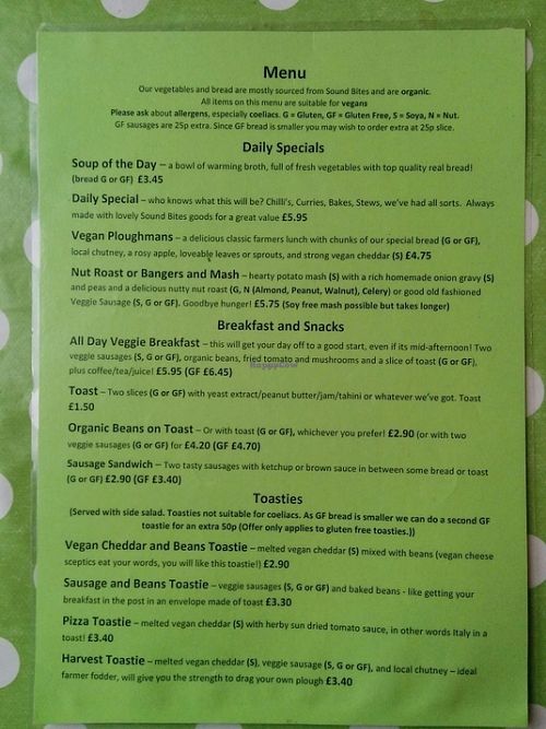 menu at Yaffle Cafe and Bookshop in Derby