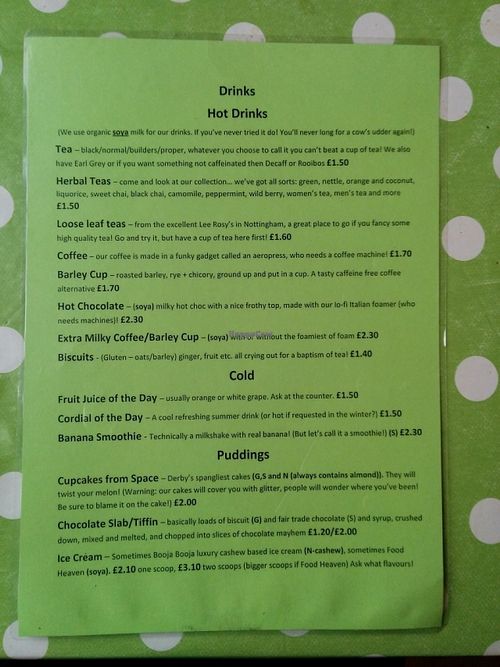 menu at Yaffle Cafe and Bookshop in Derby