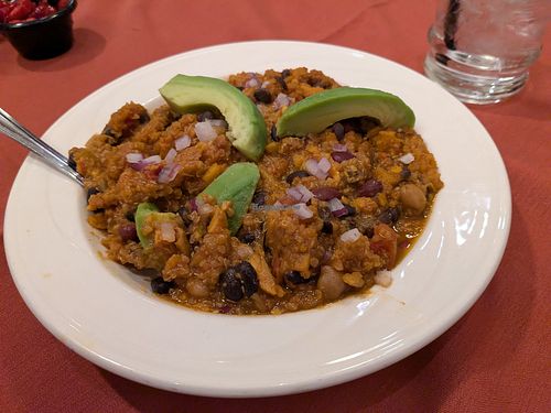 Vegan chili with sweet potato, beans
 and quinoa. Fresh avocado tapping. at Bavarian Inn in Frankenmuth