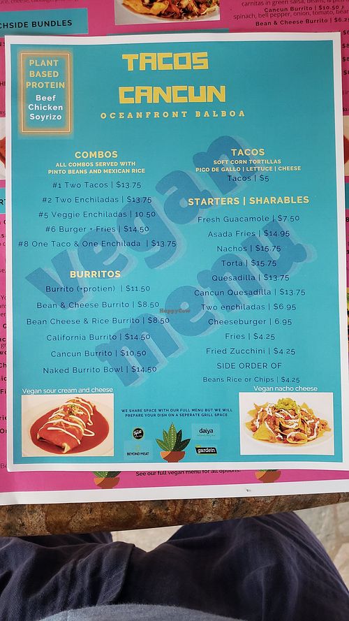 Vegan menu at Tacos Cancun in Newport Beach