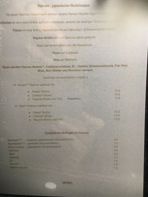 Wall menu at Shijō in Wurzburg