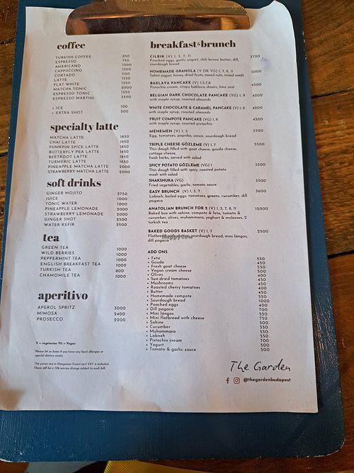 Breakfast and Lunch menu at The Garden Cafe & Restaurant in Budapest