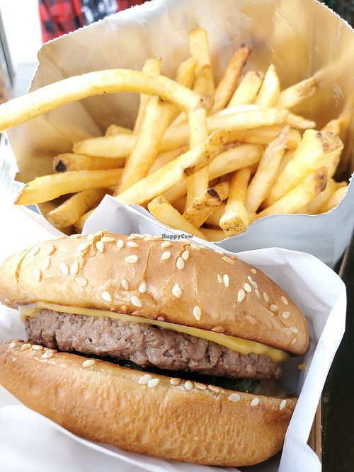 Single impossible patty with fries at Extra Market in Los Angeles