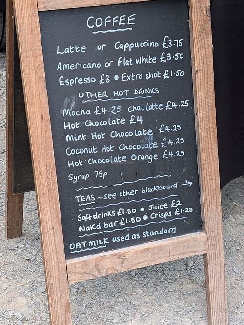 Coffee menu at New Dawn Vegan Coffee Shop in Borrowdale