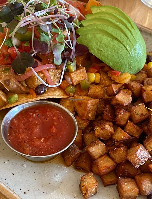 Tostadas subbed with tofu and vegan cheese at Dairy Lane Cafe in Calgary