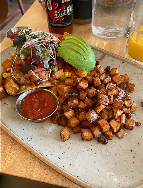 Tostadas subbed with tofu and vegan cheese at Dairy Lane Cafe in Calgary