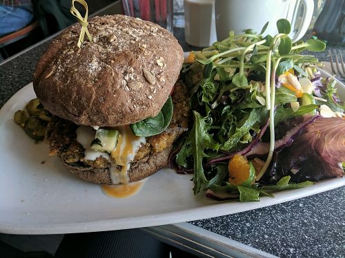 Mediterranean Veggie Burger with Mandarin side salad at Dairy Lane Cafe in Calgary