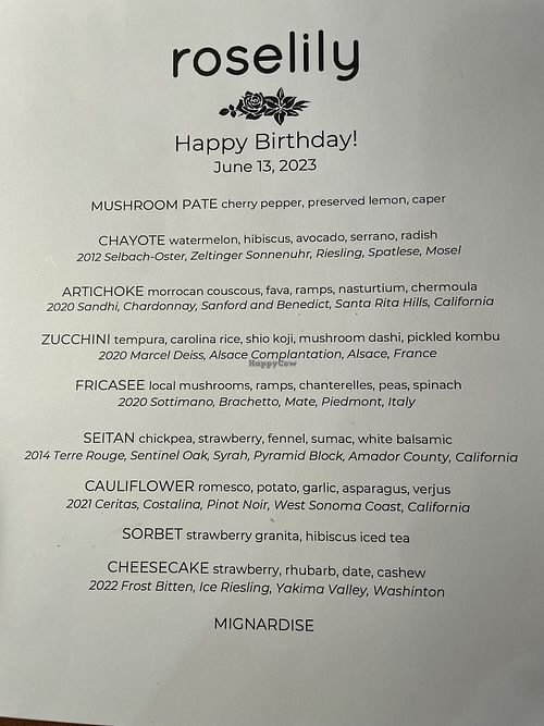 Vegan Birthday Menu, June 2023 at Roselily in South Bend
