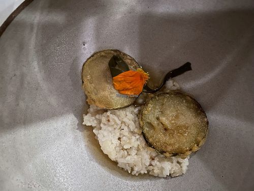 Zucchini tempura, Carolina rice, shio koji, mushroom dashi, pickled kombu at Roselily in South Bend