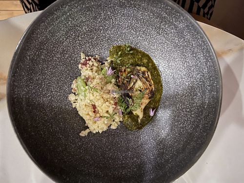 Artichoke, Morrocan couscous, fava, ramps, nasturtium, chermoula at Roselily in South Bend