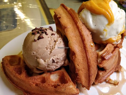 Vegan Waffles. Vietnamese Coffee and Kaya Pandan vegan ice cream  at Well Loft 好乐福 in Central Singapore