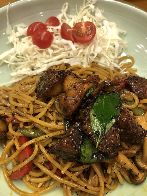 Black pepper mushroom head spaghetti  at Well Loft 好乐福 in Central Singapore