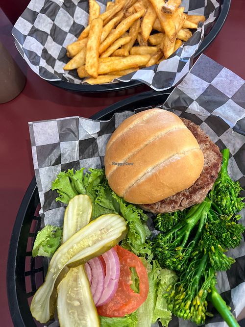Beyond burger with broccolini and fries  at Cowboy's Smokehouse Cafe in Panguitch