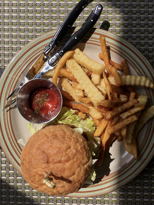 Vegan burger and fries  at Vegan Table Baram in Jeju