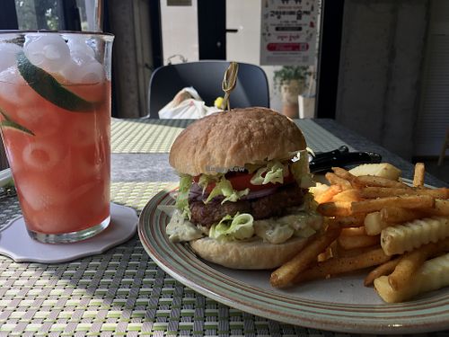 Grapefruit ade with a vegan burger and fries  at Vegan Table Baram in Jeju
