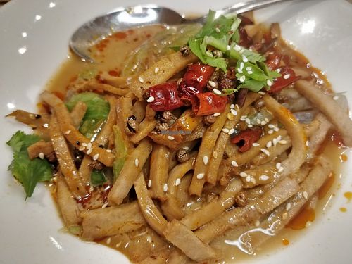 shredded soya meat with ice berg in chillo oil. I didnt  like this, taste like cheap mock  at Lotus Vegetarian 莲心 - Novena in Central Singapore