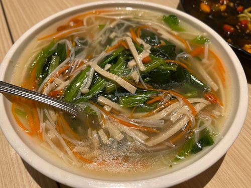 Stir fried spinach! Broth is good!  at Lotus Vegetarian 莲心 - Novena in Central Singapore