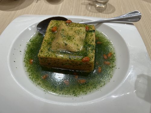 Diced cubes tofu with spinach broth  at Lotus Vegetarian 莲心 - Novena in Central Singapore