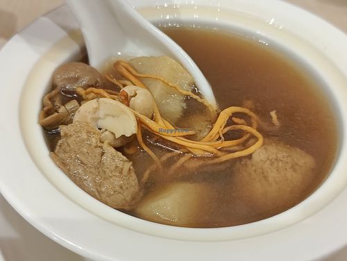 Double-boiled Cordyceps Flower with Huai Shan Soup 
淮山蟲草菌菇湯
 at Lotus Vegetarian 莲心 - Novena in Central Singapore