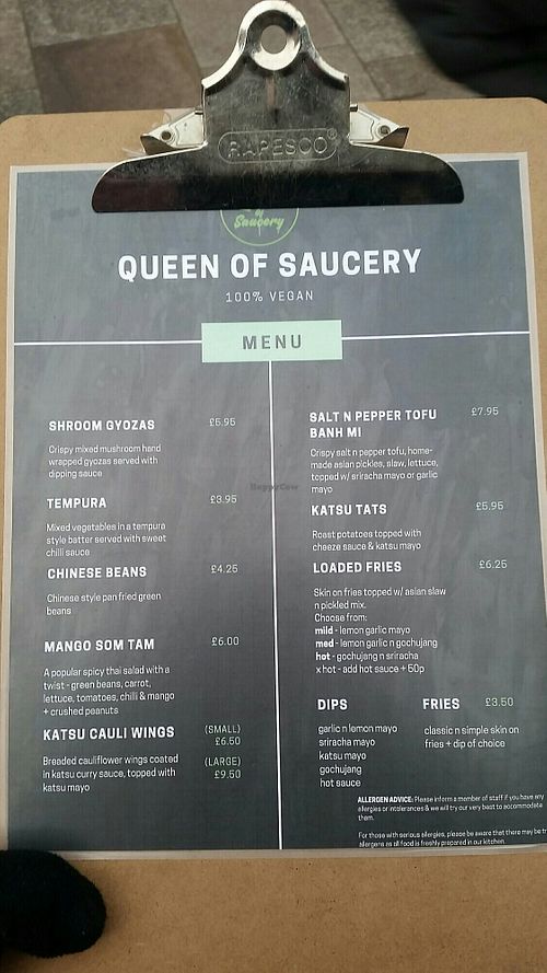Current Menu at Queen of Saucery in Cardiff