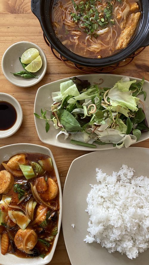 Sichuan tofu, rice, salad and thai noodle soup  at Hoang Nhi - P1 in Da Lat