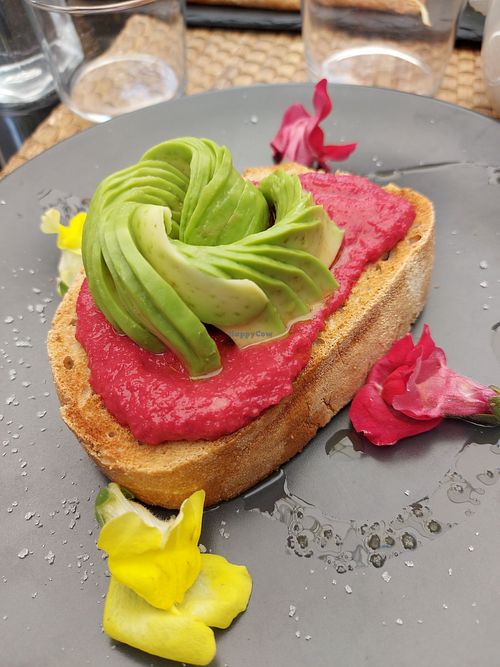 Tartine beetroot houmous + avocado at L' Epicerie Moderne in Lourdes