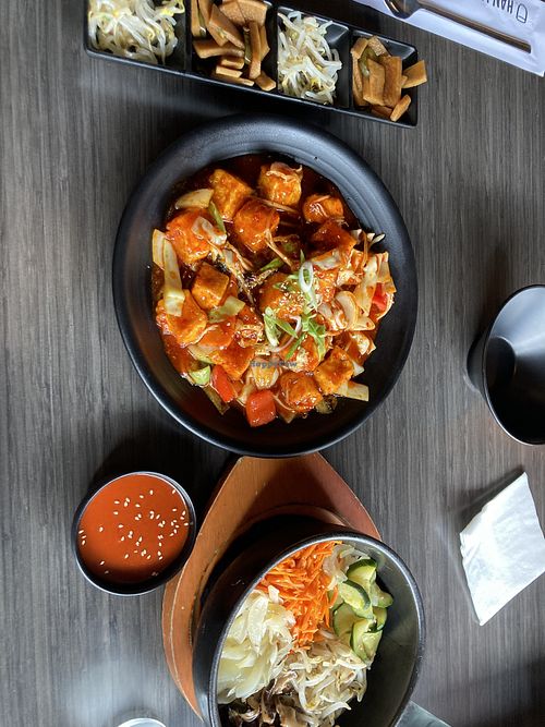 Doobu twigim, vegan bimpbimbop and vegan banchan   at Hanjan Oliver in Edmonton