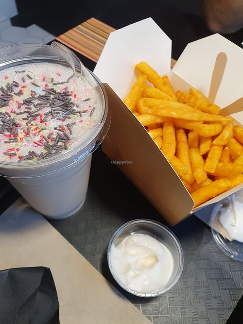 Delicious vegan milkshake and amazing red Fries! Mayo is also excellent! at UNMEAT in Zurich